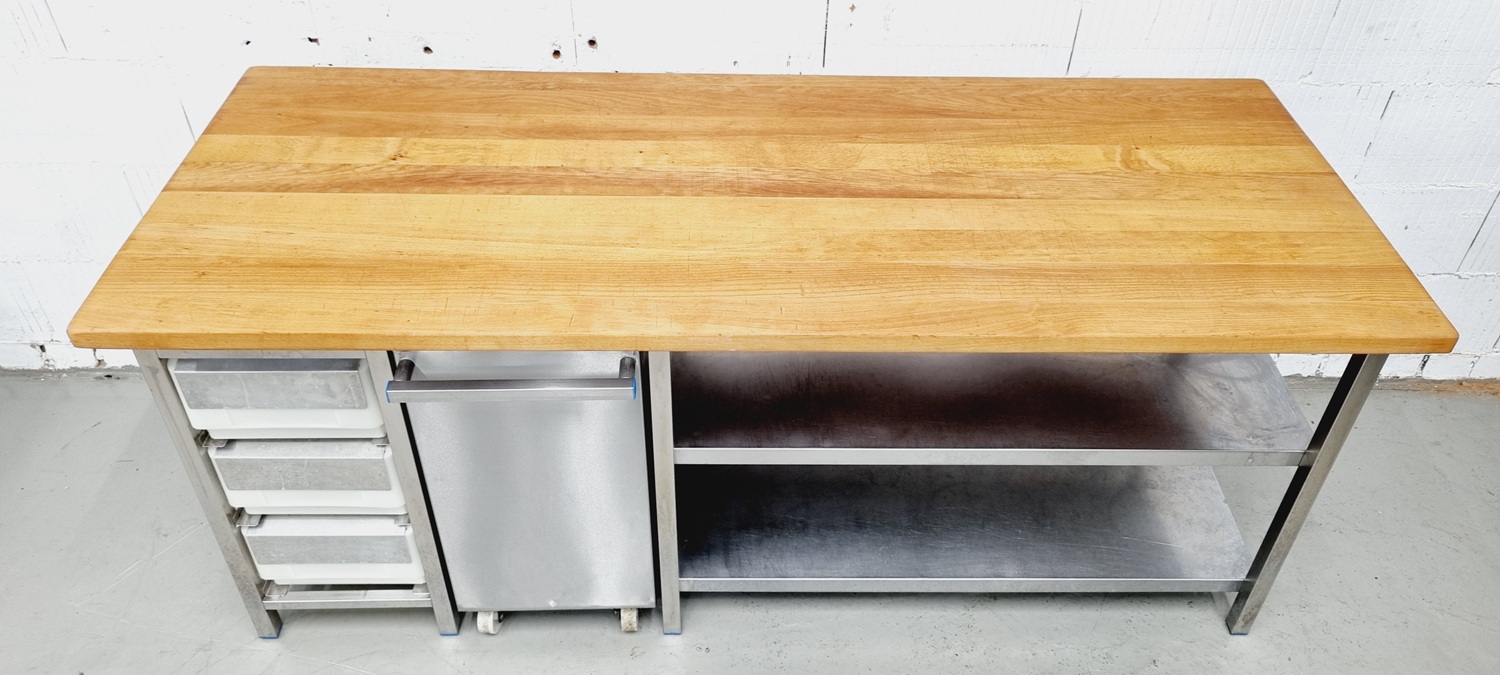 Arbeitstisch AT 2000 mit Buchenholzplatte und Mehlwagen