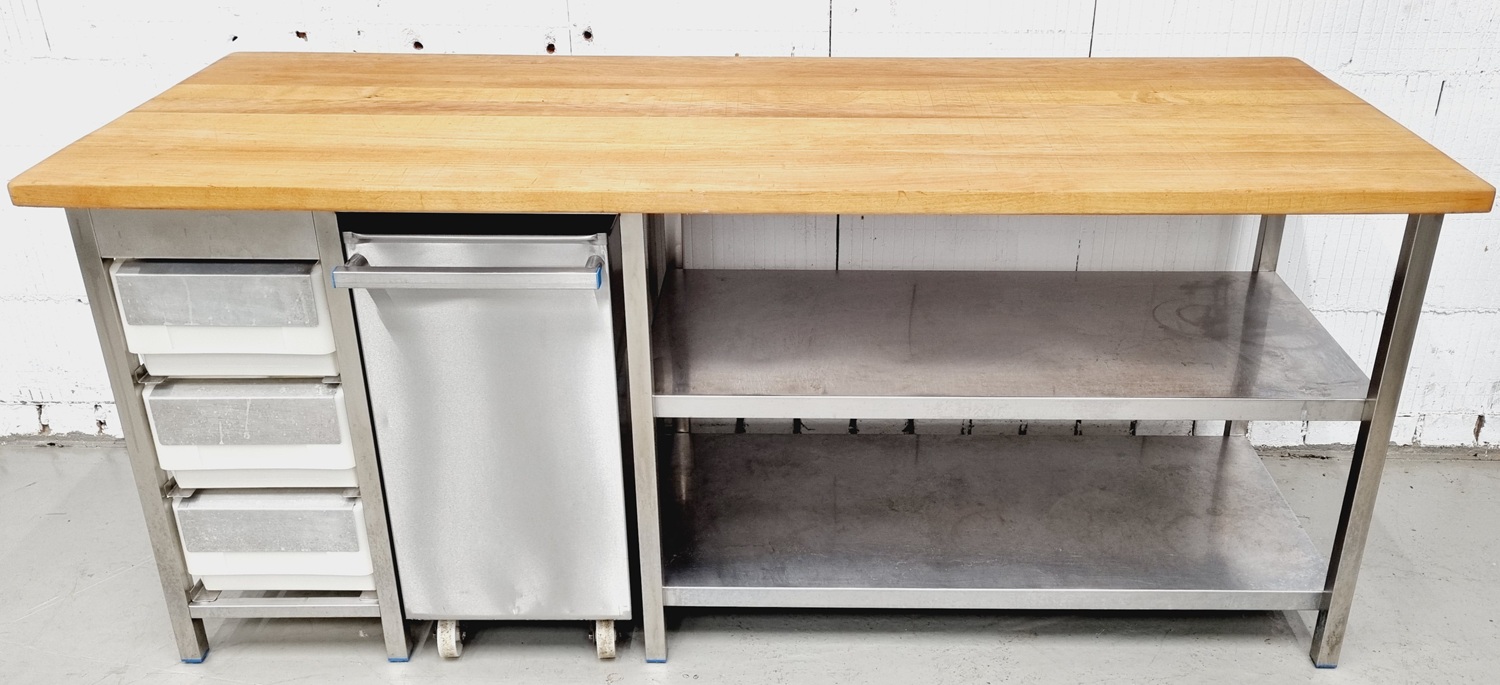 Arbeitstisch AT 2000 mit Buchenholzplatte und Mehlwagen